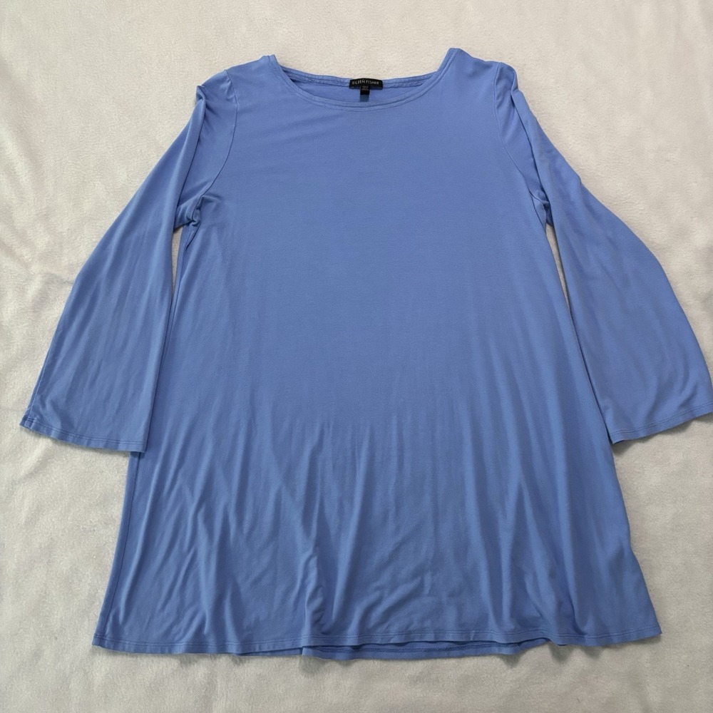 Eileen Fisher Tunic Top Womens Large Blue Viscose Jersey Ballet Neck Long Sleeve